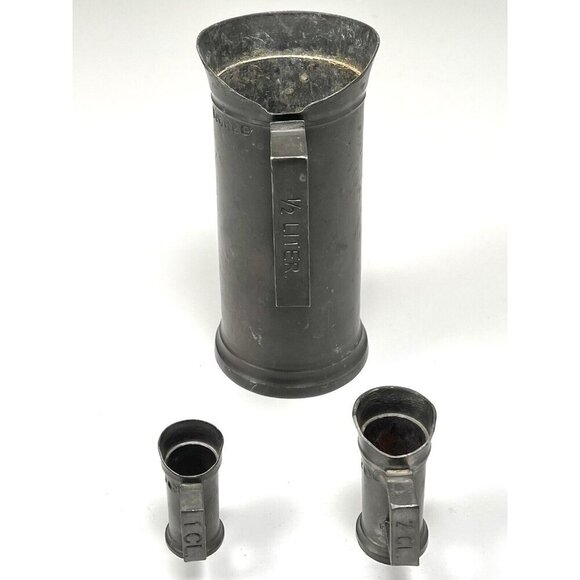 3pc Antique PEWTER 1/2 Liter 2 Centiliter & 1 Centiliter Dutch? MUGS Angel Touch - Picture 3 of 5